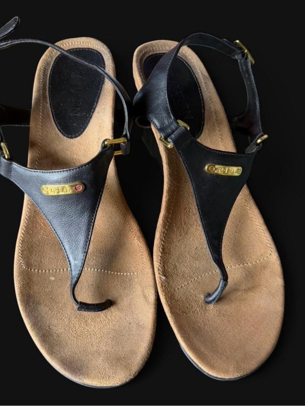 Black Leather T-strap Women's Sandals